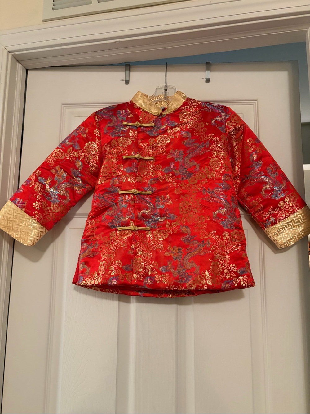 Children's Red Satin Dragon-Pattern Tang Jacket with Gold Trim Sz 8